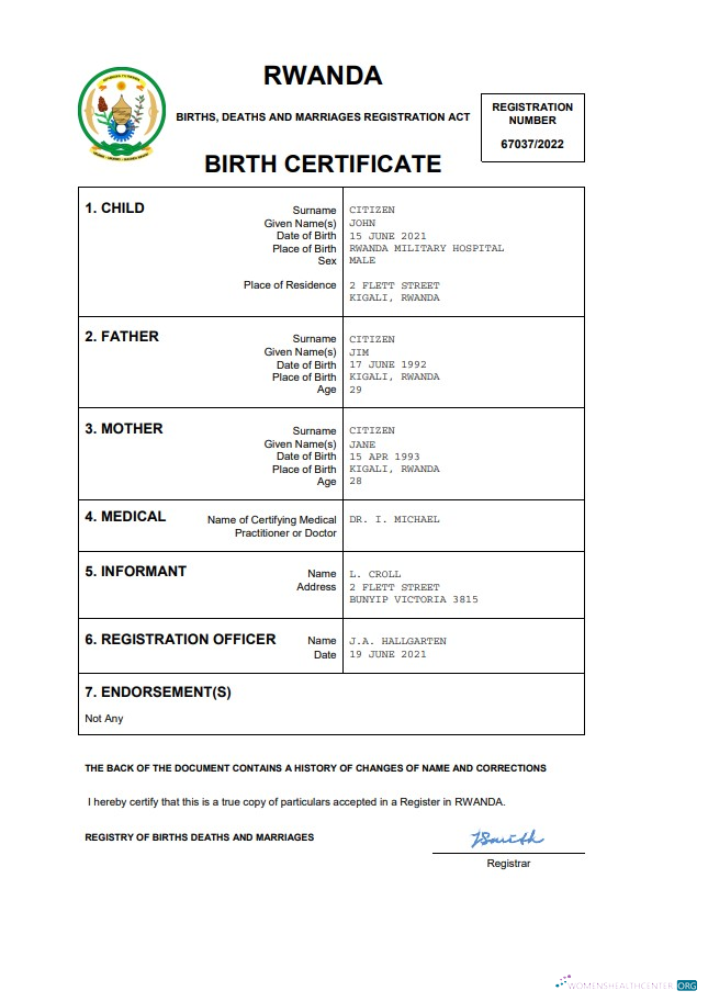 Download Rwanda birth certificate Word and PDF template Photoshop template